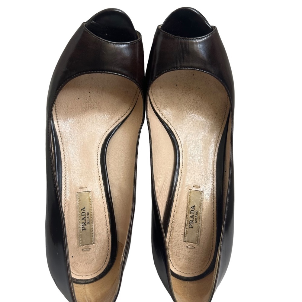 Prada Spazzolato Fume Brown Platform Pumps Peep Toe Rare Sz US 37 EUC $550 - Picture 12 of 16